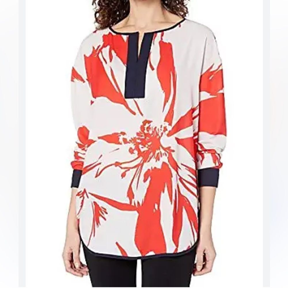 NWT LYSEÉ Floral Orange Navy White Split Neck Tunic Popover Blouse Shirt L